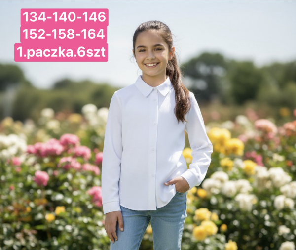 Koszule dziewczęce Roz 128-158, 1 kolor Paczka 6 szt